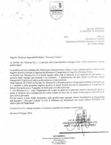 La domanda per la richiesta della disponibilità del "Giovanni Celeste" presentata dall'ACR Messina lo scorso 25 giugno