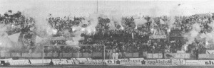 La curva "giallorossa" dello stadio Adriatico in occasione dello spareggio con il Monza