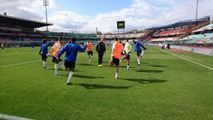 Il Messina durante il riscaldamento